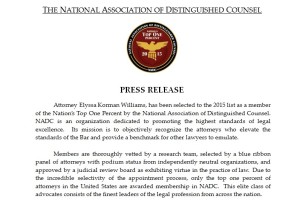 NADC Press Release 3/25/2015:  Elyssa Korman Williams selected as top 1% by National Association of Distinguished Counsel